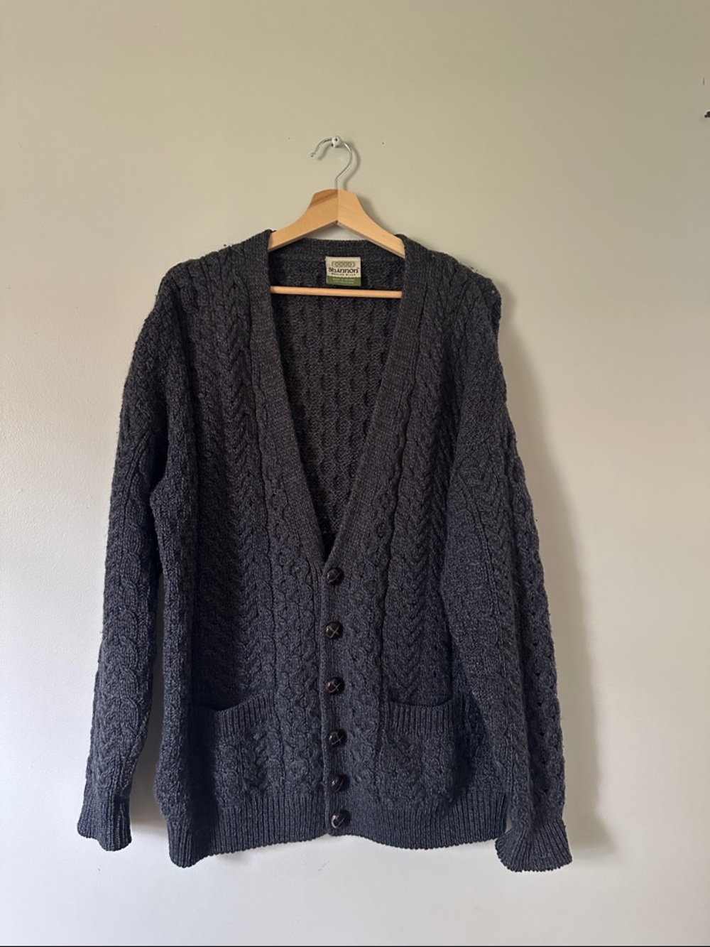 Shannon woolen mills Charcoal Cable-Knit Cardigan Sweater 100% merino wool